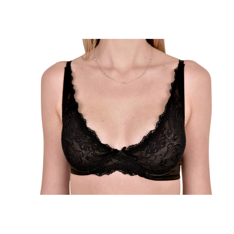 Sutien triunghi din dantela si microfibra, S107, Negru