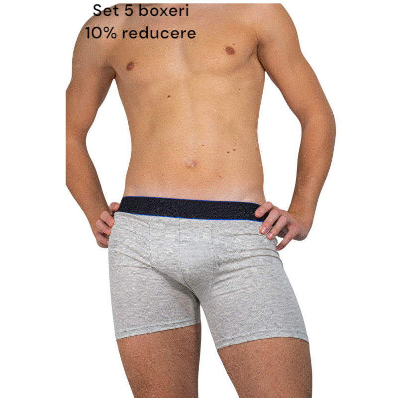 Set 5 boxeri barbati, cu picior lung, bumbac elastic, Gri Melange Deschis