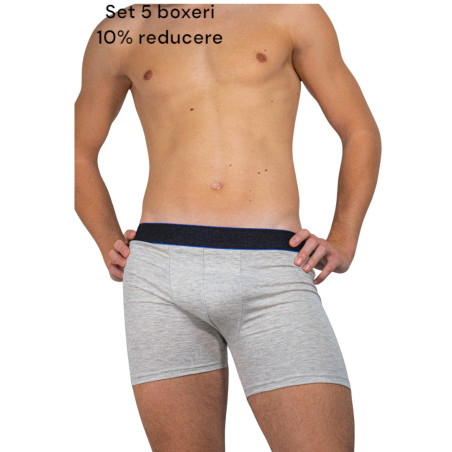 Set 5 boxeri barbati, cu picior lung, bumbac elastic, Gri Melange Deschis