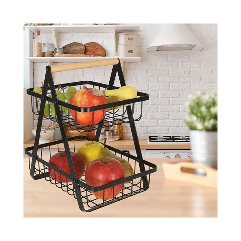 Cos de fructe cu doua etaje, pliabil, lemn + metal, culoare neagra | MARKETPLACE SHOPPING CENTER