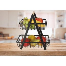 Cos de fructe cu doua etaje, pliabil, lemn + metal, culoare neagra | MARKETPLACE SHOPPING CENTER
