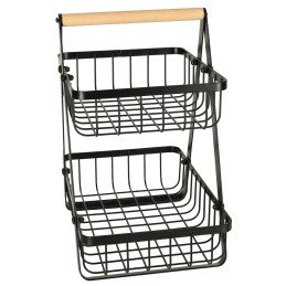 Cos de fructe cu doua etaje, pliabil, lemn + metal, culoare neagra | MARKETPLACE SHOPPING CENTER