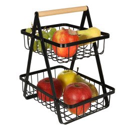 Cos de fructe cu doua etaje, pliabil, lemn + metal, culoare neagra | MARKETPLACE SHOPPING CENTER