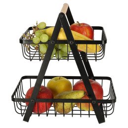 Cos de fructe cu doua etaje, pliabil, lemn + metal, culoare neagra | MARKETPLACE SHOPPING CENTER