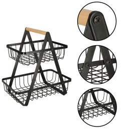 Cos de fructe cu doua etaje, pliabil, lemn + metal, culoare neagra | MARKETPLACE SHOPPING CENTER