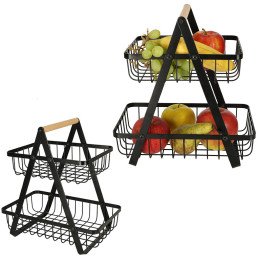 Cos de fructe cu doua etaje, pliabil, lemn + metal, culoare neagra | MARKETPLACE SHOPPING CENTER