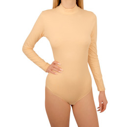 Body cu maneca lunga din bumbac elastic, Chilot Tanga, Bej